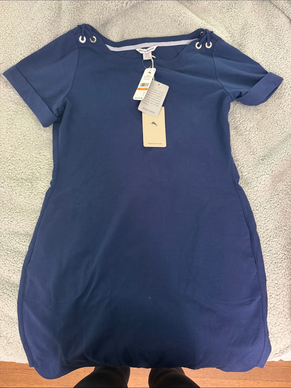Tommy Bahama Navy Eyelet Shoulder Short-Sleeve Shift Dress